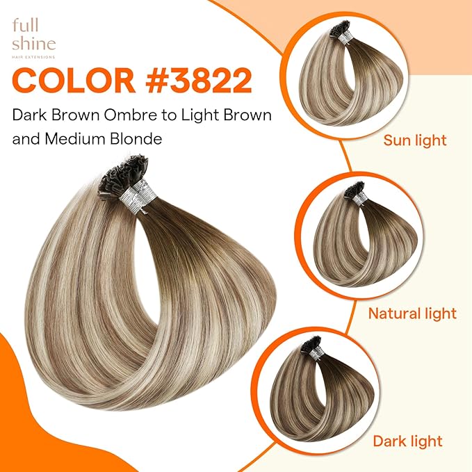 Full Shine U Tip Hair Extensions Human Hair 22 Inch Natural Human hair Extension Balayage Brown Fading to Blonde Highlighted Brown Natural Fusion Hair Keratin Extensions 50 Grams