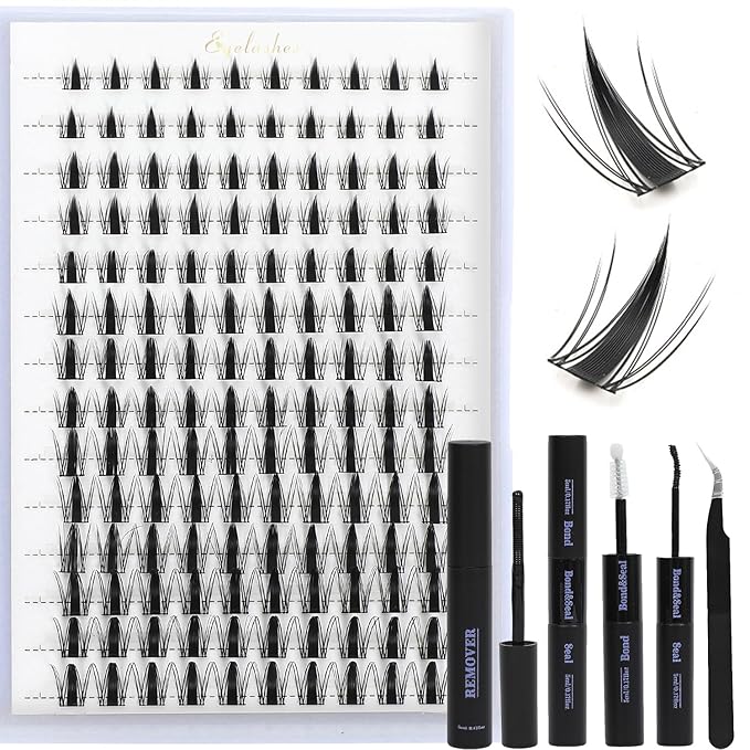 Lash Clusters Kit: Eyelash Clusters Individual Lash Extension Kit 480 Pcs D Curl Fluffy Wispy False Eyelashes Extensions Thin Band with Bond Seal Tweezers Brush (SMY11-KIT)