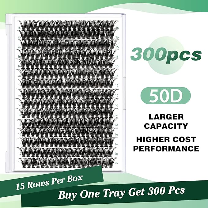 Lash Clusters 300pcs Individual Lashes 50D 0.07D Curl 16mm DIY Eyelash Extension KEYYOU Large Tray Volume Soft&Natural Cluster Lashes(50D-0.07D,16）