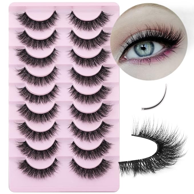 Russian Strip Lashes Cat Eye Mink Lashes Natural Wispy Eyelashes zanlufly D-Curly Volume False Eyealshes Clear Band Volume Natural Look Fake Lashes that Look Like Extensions Eye Lashes Pack