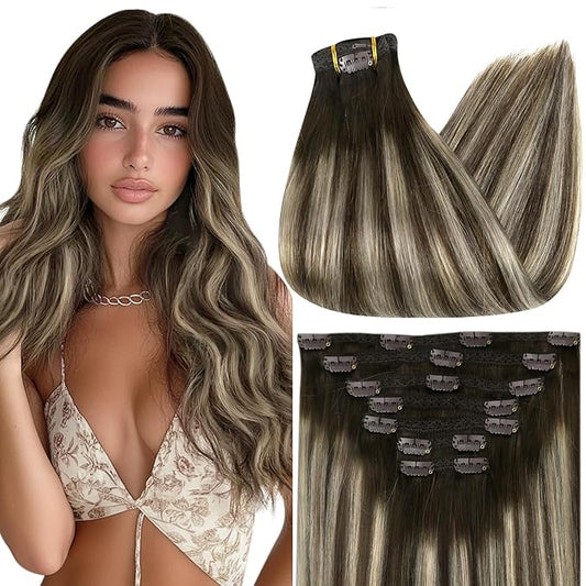 Full Shine Hair Extensions Clip ins Dark Brown Short Clip in Hair Extensions Dark Brown Balayage Platinum Blonde Remy Straight Hair Extension Thick Ends 12 Inch 7 Pcs 95 G