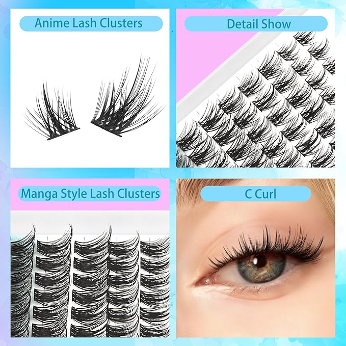 Manga Lash Clusters with Thin Band Spike Eyelash Clusters 10-14mm C Curl Soft Lashes Cluster Wispy Individual Lashes Cluster DIY Look Like Eyelash Extension (Mangaprick)