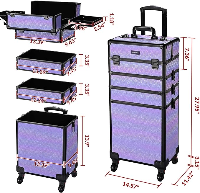 BYOOTIQUE 4in1 Rolling Makeup Train Case w/Cube Case Cosmetic Organizer Purple