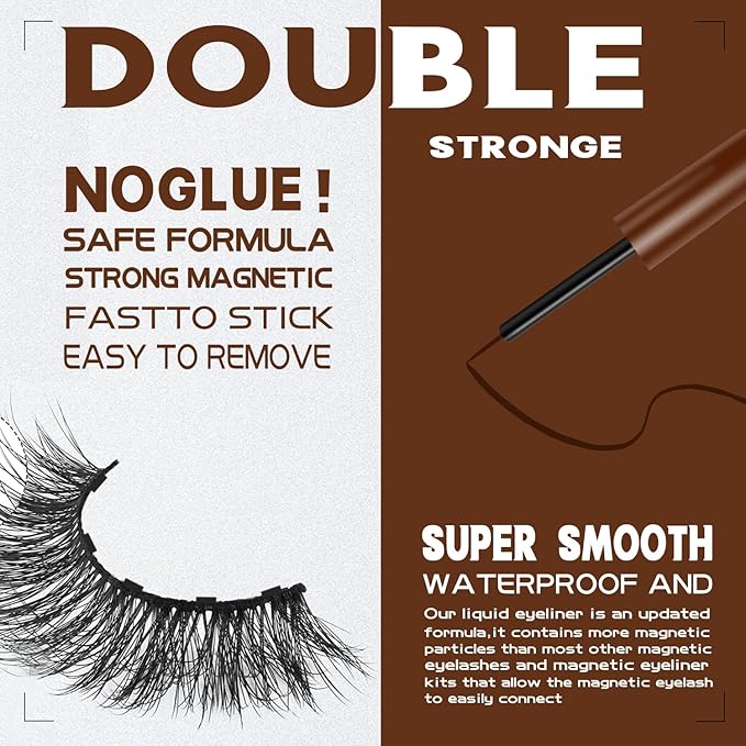 Magnetic Eyelashes Natural Look, 7 Pairs Reusable Cat-eye Medium Magnetic Lashes with 2 Tuble Magnetic Eyeliner （1 black+1brown) Vegan & Cruelty Free