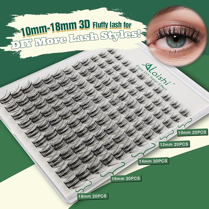 Lash Clusters Kit, DIY 3D Cluster Eyelash Extensions 10‑18mm,120pcs Fluffy D Curl Soft Natural Lashes with Bond and Seal,Remover,Tweezers,–Fake Cat Eye Wispy Individual Clusters MIX1-2-L