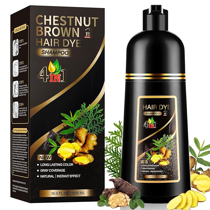 4 in 1 Hair Dye Shampoo for Gray Hair, Semi-Permanent Instant Chestnut Brown Hair Color Shampoo for Women and Men, Herbal Ingredients Hair Care, 100% Grey Coverage 500ml