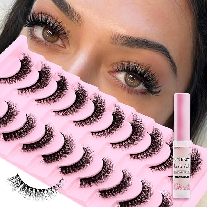 Strip Lashes Kit Wispy False Eyelashes With Strip Lash Glue Soft 10 Pairs Fake Eyelashes Magnetic Lashes Kit by GEMERRY, A03