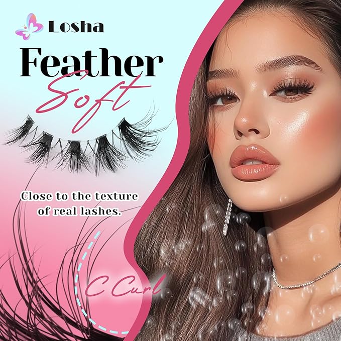 Losha Lashes Wispy Cat Eye Lashes 10 Pairs Natural False Eyelashes with Clear Band 7-15mm Fake Lashes C Curl Lash Strips Lightweight with Soft Design (FT03)