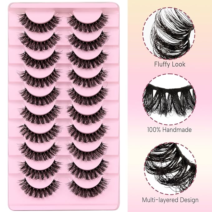 Ahrikiss Russian Strip Lashes That Look Like Extensions D Curl Fluffy False Eyelashes 10 Pairs Wispy Natural Fake Lashes Pack Fluffy 3D Volume Fake Lashes (D04)