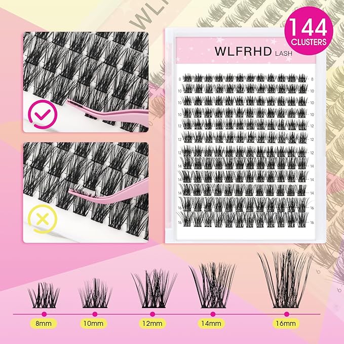 WLF Lash Clusters Kit, 144 pcs Individual Eyelash Clusters Lash Extension Kit D Curl Wispy Lash Kit with Eyelash Bond and Seal and Applicator for False Eyelash Extensions(Aether-Mix 8-16mm Kit)