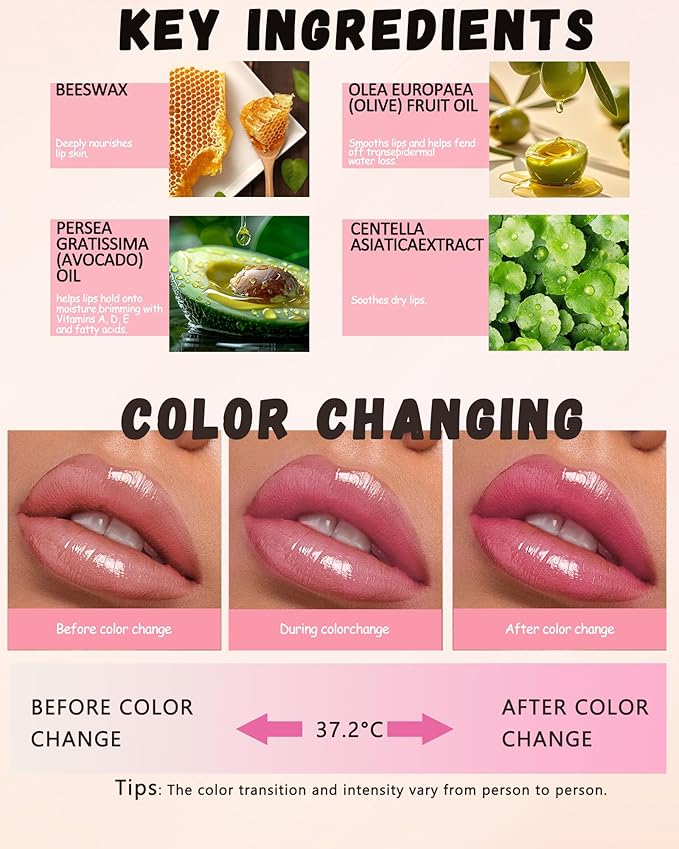 PH Color Changing Lipstick, Waterproof Temperature Color Change Lip Balm, Multi-Use Lip and Cheek Tinted Lip Gloss, Long-Lasting Hydrating Moisturizing Lip Tint, Festival Makeup Gift for Women-01 Pink