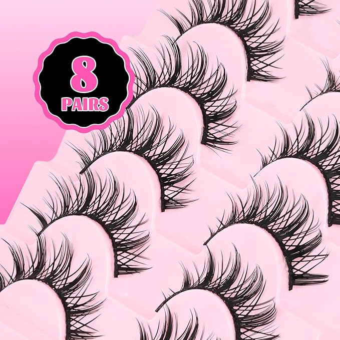 Veleasha Manga Eyelashes Spiky Eye Lashes Cat Eye Lashes Anime Lash Crisscross 100% Handmade 8D Doll Lash Natural Look Soft Wispy Fake Eyelashes 8 Pairs (Pomelo)