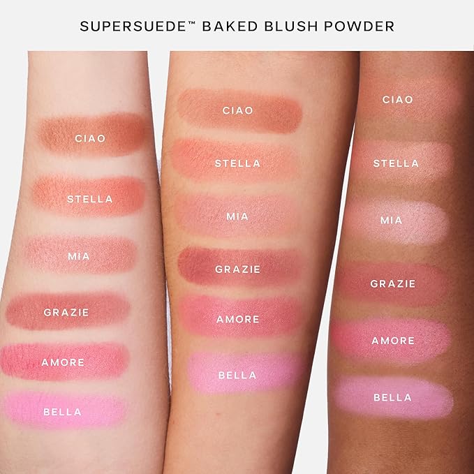 Saie SuperSuede Baked Blush - Talc-Free Powder Blush for All Day Wear - Enriched with Plant-Derived Squalane + Glycerin to Help Moisturize Dry Skin - Amore (0.1 Ounce)
