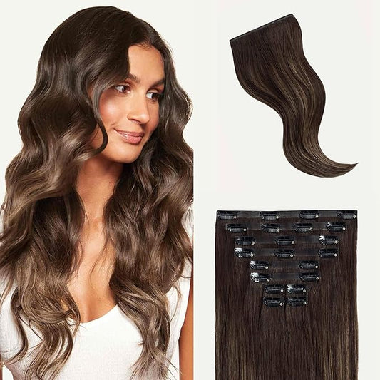 Luxy 100% Remy Human Hair - Seamless Clip-In Hair Extensions - Multi-Dimensional Color for Natural Blending, Adds Volume & Length 180 grams 20" Dark Brown Balayage