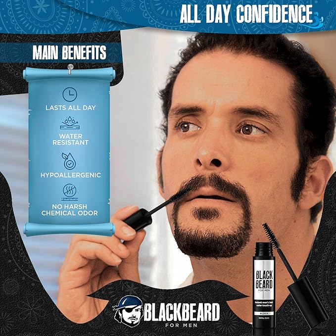 Blackbeard for Men Instant Beard Color – All Day Beard, Mustache, Eyebrow, and Sideburns Color – Temporary, Hypoallergenic Beard Dye Alternative – Up to 45 applications – Black, 6 Pack