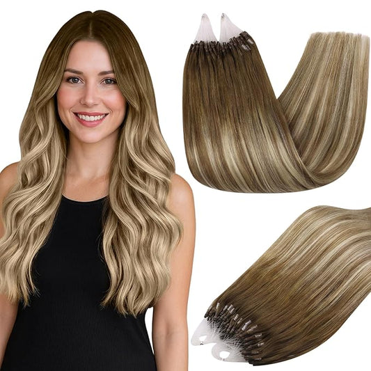 Full Shine Micro Bead Hair Extensions Real Human Hair 24 Inch 50 Grams Brown Ombre Ash Brown and Blonde Microloop Hair Extensions Human Hair Prebonded Extensions Long Hair