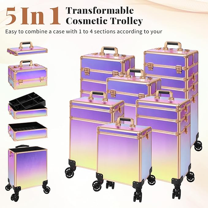 Profesional Rolling Makeup Train Case with Lid, 5 in 1 Cosmetology Case on Wheels, Large Cosmetic Trolley Organizer Travel for Hairstylist Artist Nail Beauty Salon Barber, Colorful