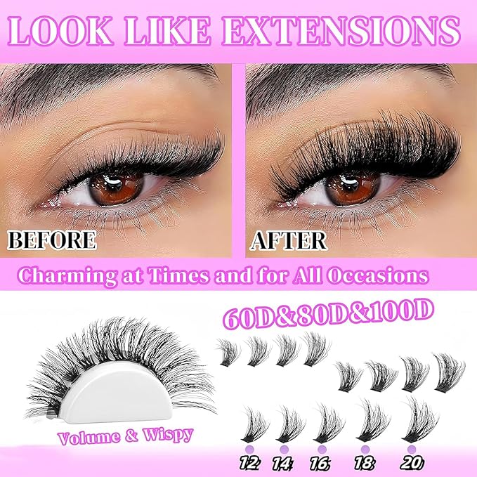 Lashes Clusters Kit Gift Packs 3 Styles 760Pcs with 2X Bond&Seal Volume Soft False Eyelash Extension 80D+100D D Curl Wispy Natural DIY Individual Fake Eyelashes Box for Beginners Bulk Pack