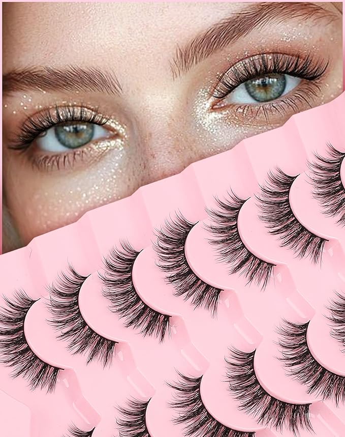 False Lashes 16MM Eyelashes Natural C Curl Lash Strips Fluffy Lashes with 0.1MM Thin Band 3D Volume Fake Eyelashes Pack ChirpyLuna 7 Pair