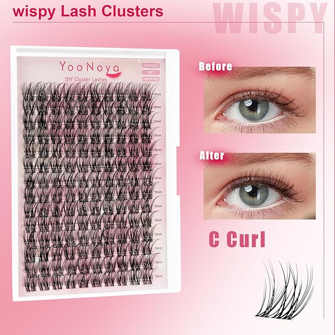 Wispy Lash Clusters 140 Pcs 16mm Mix Eyelash Clusters C Curl Cluster Eyelash Extensions Natural Wispy Cluster Lashes Reusable Individual Invisible Band Lash clusters (QX-16mm)