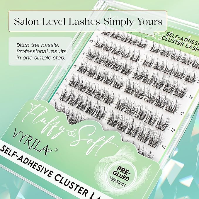 Self-Adhesive Lash Cluster, Pre-Glued Clusters, Pop-On Faux Eyelashes, 3D Thin Band D Curl Natural Look Lahses, Easy to Apply, Reusable 0.05mm Eyelash Extensions (Green Charm-D-0.05-10-16mix)
