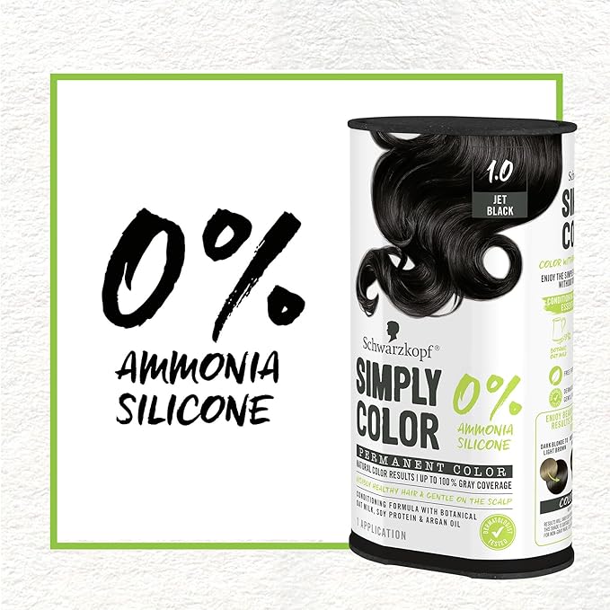 Schwarzkopf Simply Color Permanent Hair Dye, 1.0 Jet Black, Long-Lasting with Nourishing Ingredients, No Ammonia or Silicone, All Hair Types
