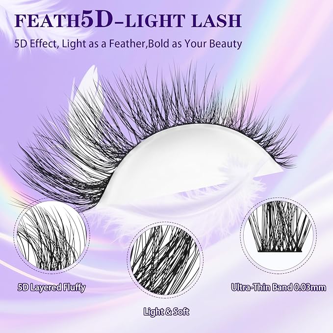 B&Q Lash Clusters Kit 144 pcs 5D Layered Volume Lash Extension Kit 8-18 mm Feathery Soft Lightweight Eyelash Clusters with Waterproof Bond and Seal Eyelash Applicator Remover (Set-Feath5D 08)
