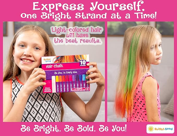 Bright Seed Hair Chalk For Girls Washable, Temporary Hair Color, Paint & Dye for Kids, Makeup Kit of 10 colors, Great Toy & Birthday Gifts for Kids Age 5 6 7 8 9 10 11 12 13, Craft for Tween & Teen