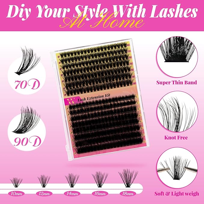 Eyelash Extension Kit 300Pcs 7090D DIY Individual Lashes Clusters With Bond, Seal, Remover, Applicator Tool for False Eyelash At Home (D-Mix10-18mm,20)
