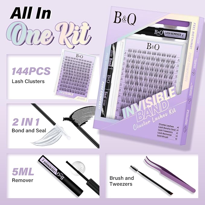 B&Q Flora Lash Clusters Kit Natural Lashes Clusters Invisible Band 144 pcs Manga Lashes Individual with Lash Bond and Seal Eyelash Extension Kit Easy Removal (Flora Kit-MIX8-18mm)