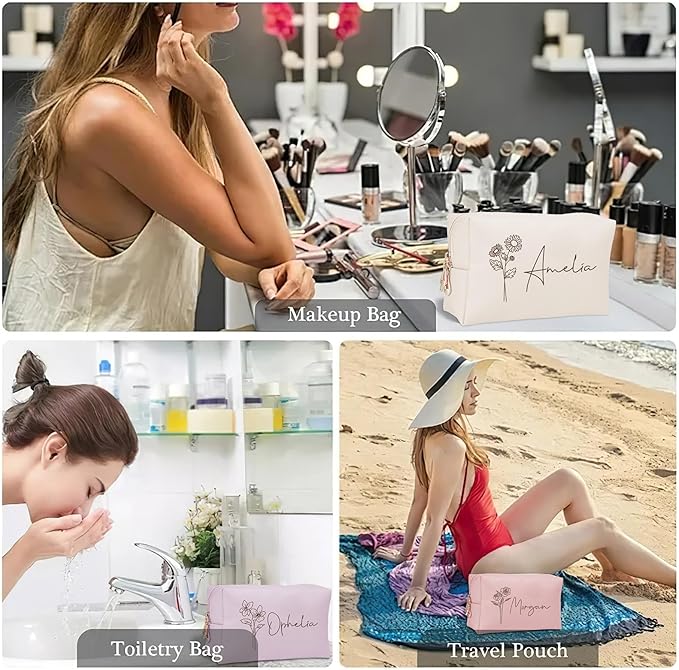 DayOfShe Personalized Makeup Bag with Name and Birth Flower Bridesmaid Gifts Stocking Stuffers for Women Teenage Girls Gifts, Custom Travel Makeup bag for Bridal Shower Gifts