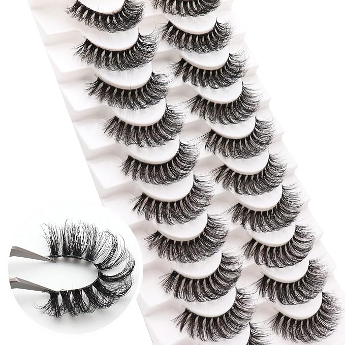 Veleasha Russian Strip Lashes with Clear Band Looks Like Eyelash Extensions D Curl Lash Strips 10 Pairs Pack (DT03)