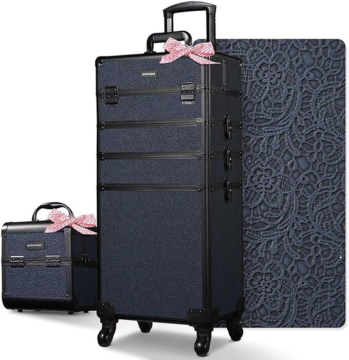 BYOOTIQUE Makeup Train Case Trolley w/Cube Case Cosmetic Organizer Rococo Blue