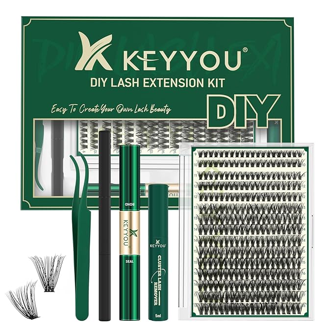 KEYYOU Lash Extension Kit DIY 300Pcs Lash Clusters Eyelash Extension Kit 50D D Curl 9-18MIX Lash Clusters Kit with Lash Glue Remover Applicator Easy to Use for Beginners(Kit,50D-D,9-18MIX)