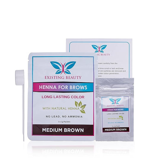 Medium Brown Eyebrow Henna Tint for Eyebrow Color- Professional Henna Brow Kit Including Use Instructions and Mixing Bowl 3x 1g Packets Brow Dye by Existing Beauty