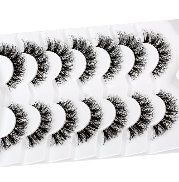 Pooplunch False Eyelashes Cat Eye Wispy Lashes Natural Short 8D Faux Mink Lashes Fake Eyelashes Strips 7 Pairs Pack