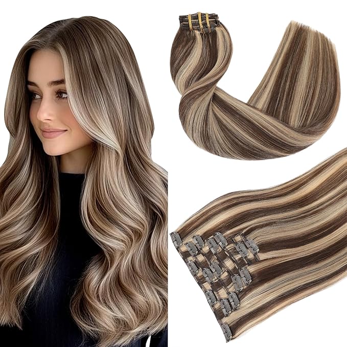 Youngsmile Clip in Hair Extensions Real Human Hair, Clip in Human Hair Extensions, 120g 7pcs 20inch Chocolate Brown Mixed Caramel Blonde Silk Straight, Double Weft (CLIP#4P27-20Inch)