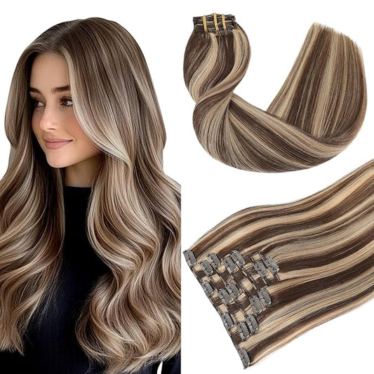 Youngsmile 16 Inch Clip in Hair Extensions Real Human Hair, Human Hair Extensions Clip in, Color 4 Chocolate Brown Highlighted mixed 27 Caramel Blonde 120 Gram 7Pcs(CLIP#4P27-16Inch)