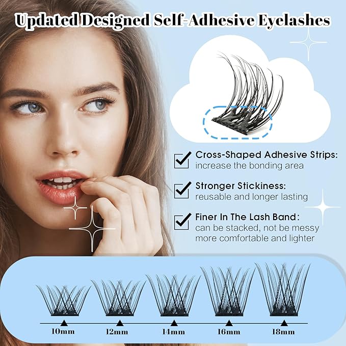 KevKev Self Adhesive Eyelashes 40Pcs Press On Lashes No Glue Needed Self Adhesive Lash Clusters Reusable Pre-Glued Eyelashes with Tweezers DIY Lash Extension Kit for Beginners (Blizzard, D-10-18mix)