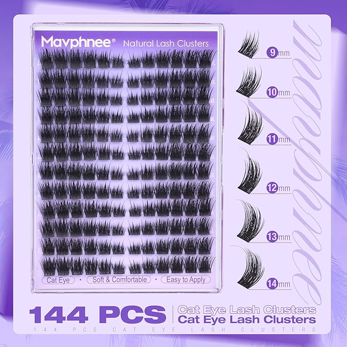 Fairy Lash Clusters Cat Eye Eyelash Clusters Wispy Cluster Lash Extensions Wet Look Individual Lashes Left Right Eye Cluster Eyelash Extensions 144Pcs DIY Lashes Pack by Mavphnee