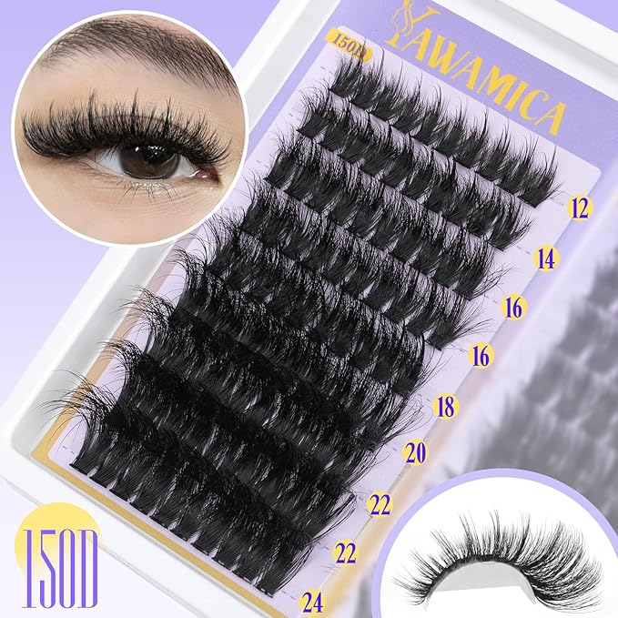 Fluffy Lash Clusters 150D+200D+300D Thick Volume Cluster Eyelash Extensions 12-25mm Dramatic Long Eyelash Clusters Wispy Individual Lashes D Curl Cluster Lashes DIY Glam Lash Extension by Yawamica