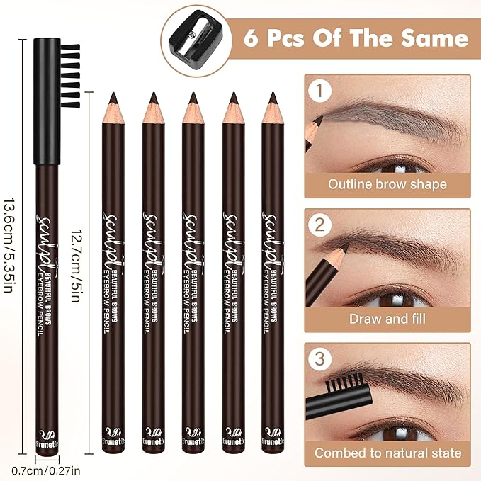 6Pcs Eyebrow pencil wooden，Brow Kit with Brush and Sharpener，Eyebrow Pencils for Women，Fine Tip Eye Brow Eye Liner for Eye Makeup,Shapes, Defines, Fills Brows (Brown-03)