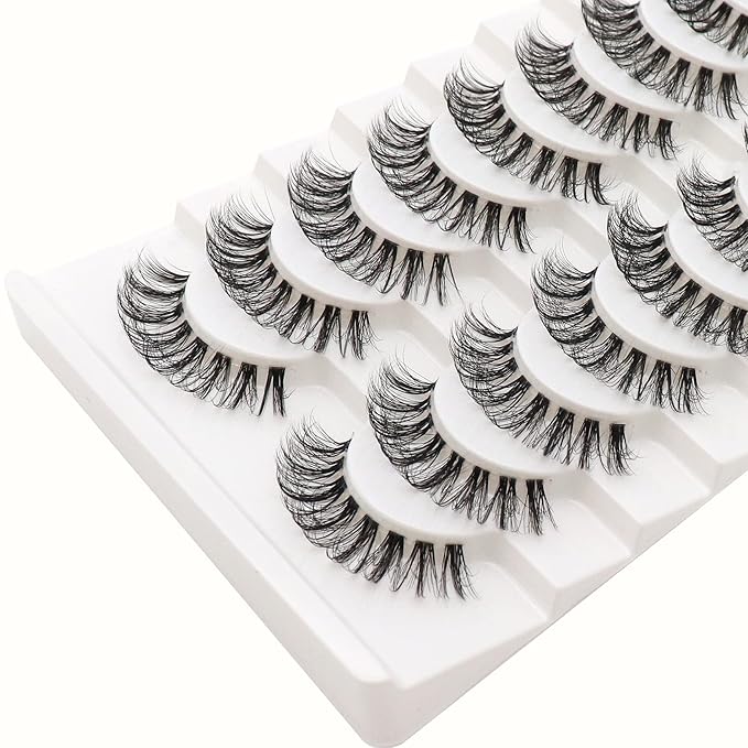 Veleasha Russian Strip Lashes with Clear Band Looks Like Eyelash Extensions D Curl Lash Strips 10 Pairs Pack (DT09)