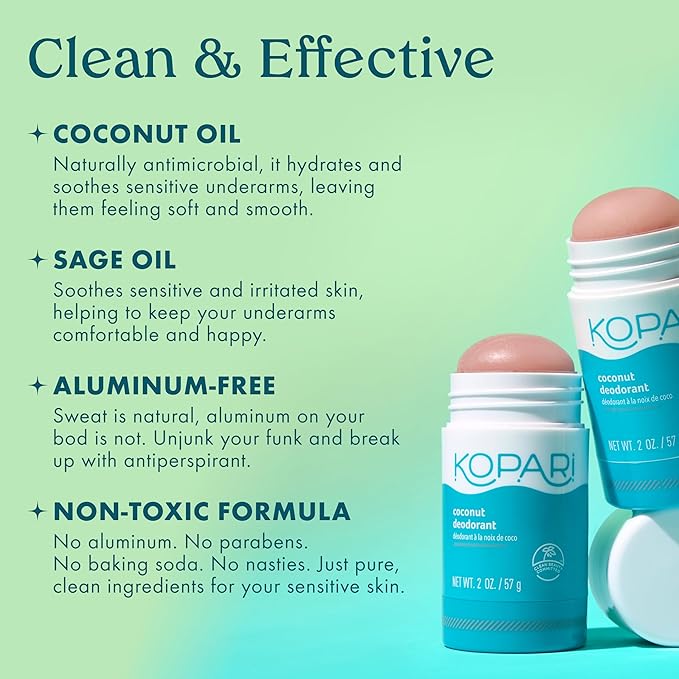 Kopari Aluminum Free Coconut Deodorant, Non Toxic & Clean Plant-Based, No Aluminum, Parabens or Baking Soda, Long Lasting Protection, Beach 2 Pack