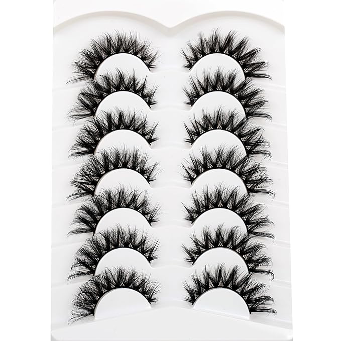 Pooplunch False Eyelashes Cat Eye Look 8D Crossed Wispy Natural Volume Faux Mink Lashes Fake Eyelashes Strips 7 Pairs Pack