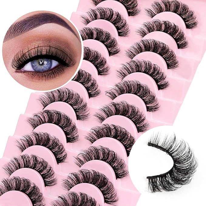 Ahrikiss Russian Strip Lashes D Curl Fluffy False Eyelashes Natural Wispy Faux Mink Lashes Look Like Extensions 10 Pairs Pack Fluffy 3D Volume Fake Eyelashes (D03)