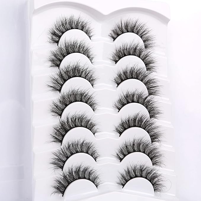Pooplunch False Eyelashes Cat Eye Lashes 8D Volume Thick Crossed Natural Faux Mink Lashes Fake Eyelash Strips 7 Pairs Pack