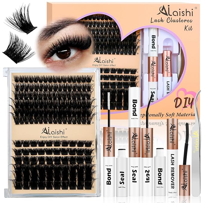Lash Clusters Kit, DIY Cluster Eyelash Extensions 10‑20mm, 100D+200D, 156pcs Fluffy D Curl Natural Lashes with Bond & Seal,Remover,Tweezers – Fake Cat Eye Individual Clusters