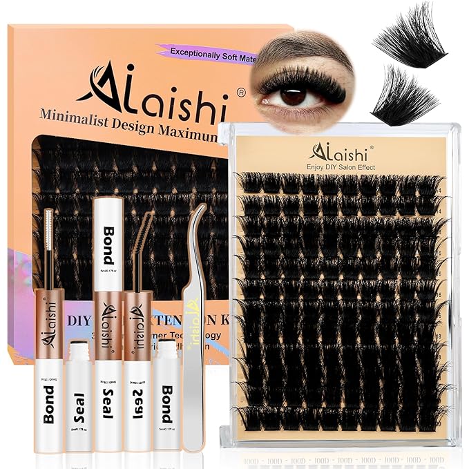 Lash Clusters Kit, DIY Cluster Eyelash Extensions 14‑20mm, 200D, 120pcs Fluffy D Curl Natural Lashes with Bond & Seal,Tweezers–Fake Cat Eye Individual Clusters