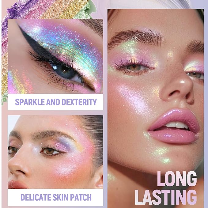 Multi-Use Chameleon Eyeshadow & Highlighter Palette – Iridescent Multichrome Shimmer with Color-Shifting Glow, Long-Lasting Waterproof Glitter Makeup for Eyes, Face & Festival (Rainbow Aurora)